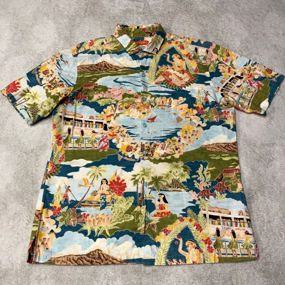 Tori Richard Aloha Hawaiian Shirt Hula Scenic AOP Colorful Made in USA Mens M